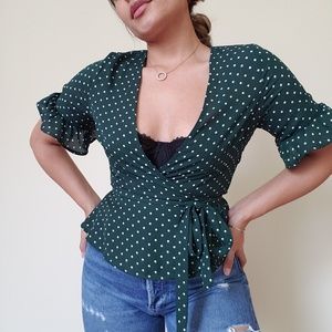 Forever 21 green wrap top white polka dots size m